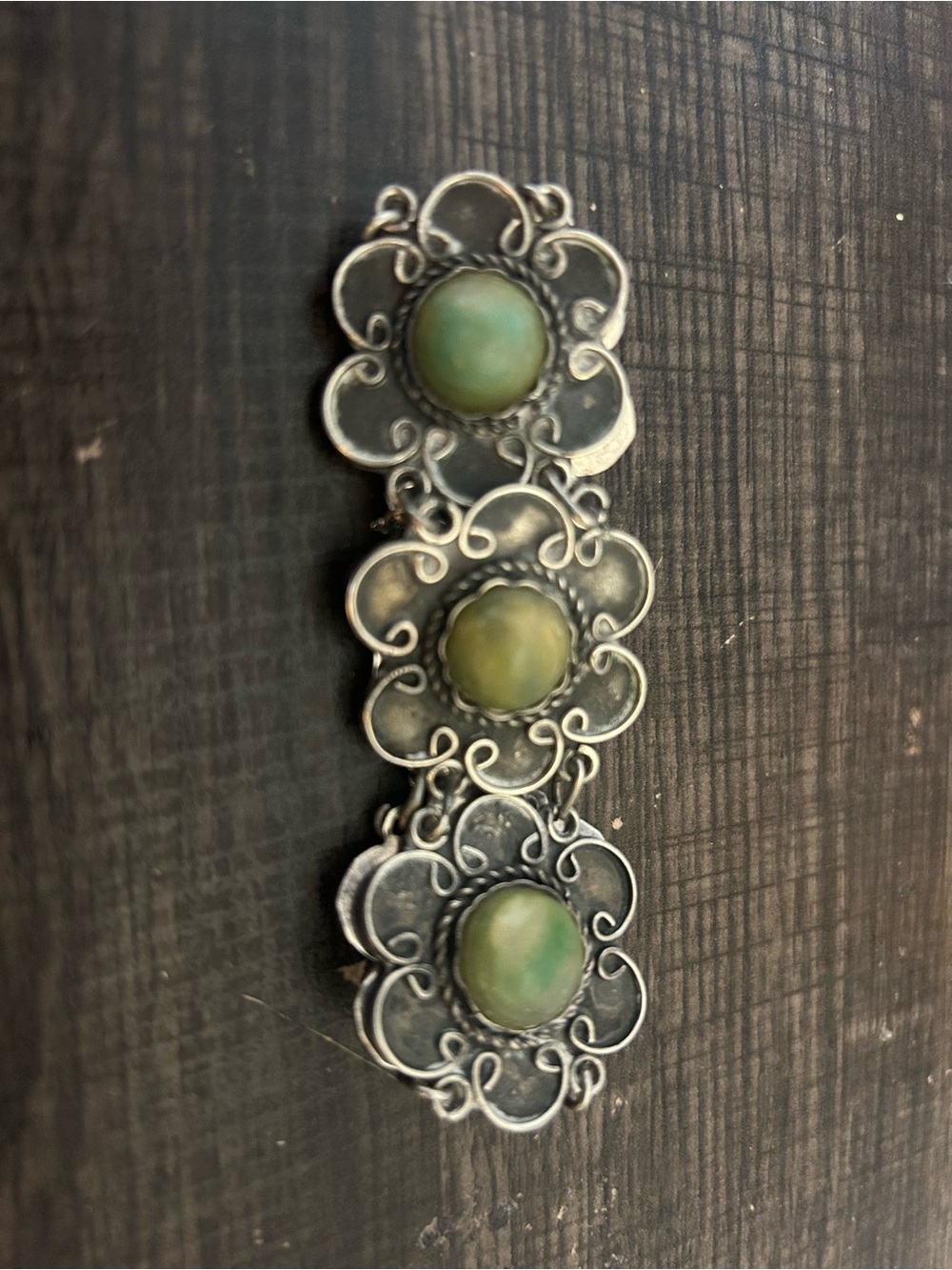 Artisan Vintage Mexican Silver Floral Bracelet with Green Turquoise Cabochons